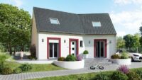 maison à etage avec plan en v et modenature enduit rouge