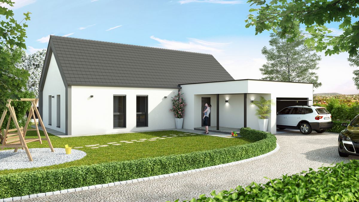 maison moderne avec plan en L et garage à toit plat